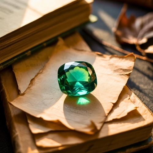 A polished green emerald gemstone rests on aged, yellowed papers atop a vintage book, with warm sunlight casting a soft glow, evoking a sense of mystery.