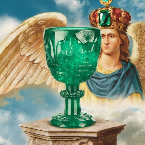 An emerald holy grail with floral engravings rests on a stone pedestal, set against a cloudy sky with an angelic figure wearing a crown in the background.