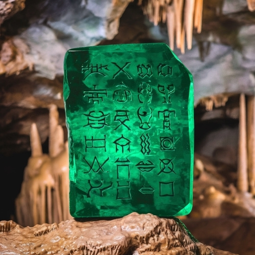 A glowing green emerald tablet with mysterious symbols stands on a jagged rock in a cave. Stalactites hang above, creating a mystical atmosphere.