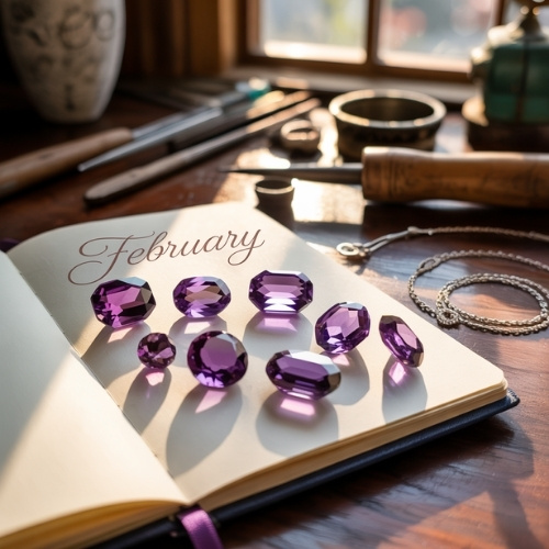 Open book titled "February" with shiny amethyst gemstones on the page. Sunlight streams through a window, casting shadows on a wooden desk scattered with tools.
