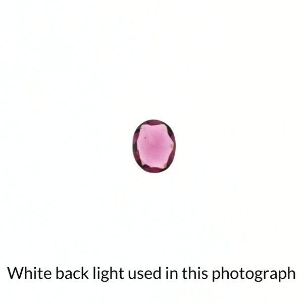 The pink garnet oval gem is being back-lit with a bright white light to show any inclusions within the gem more clearly.