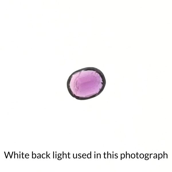 The sapphire oval gem is being back-lit with a bright white light to show any inclusions within the gem more clearly.