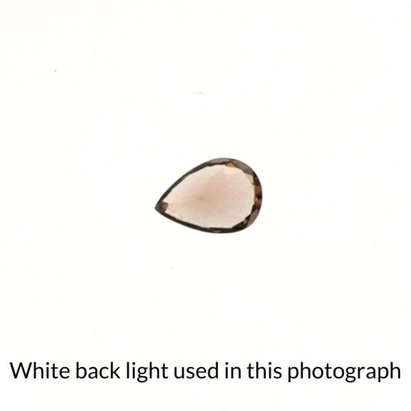 The teardrop shaped garnet gem is being back-lit with a bright white light to show any inclusions within the gem more clearly.