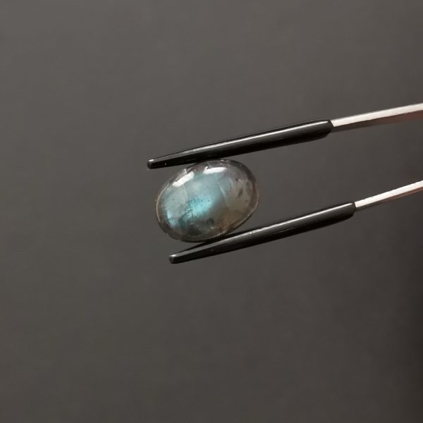 A photo of the crown area of the dark coloured labradorite against a black background