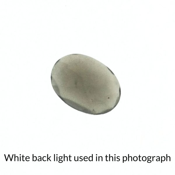 The oval shaped moonstone gem is being back-lit with a bright white light to show any inclusions within the gem more clearly.