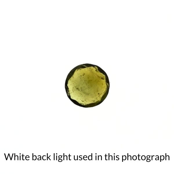 The small round tourmaline gem is being back-lit with a bright white light to show any inclusions within the gem more clearly.