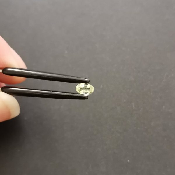A photo of the crown area of the pale green garnet against a black background