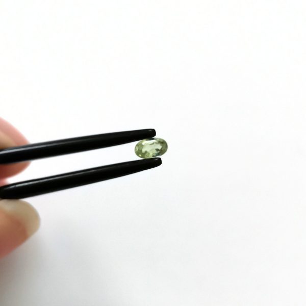 A photo of the crown area of the pale green garnet against a white background