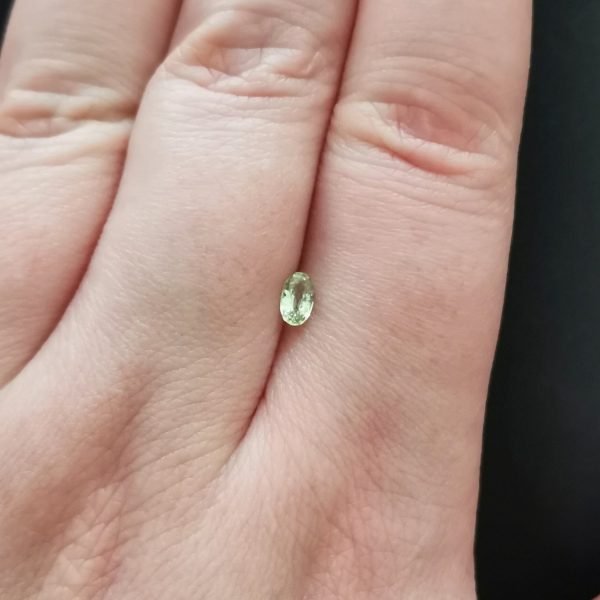 The green garnet gemstone resting on a hand to give an idea of the gemstones size and colour.
