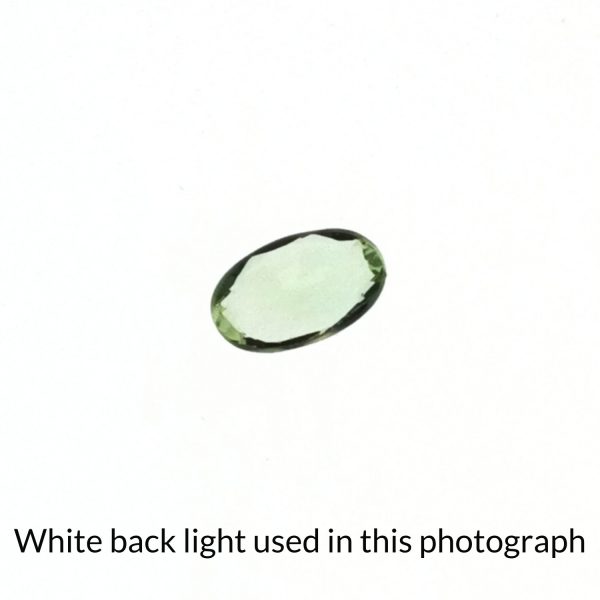The oval shaped garnet gem is being back-lit with a bright white light to show any inclusions within the gem more clearly.