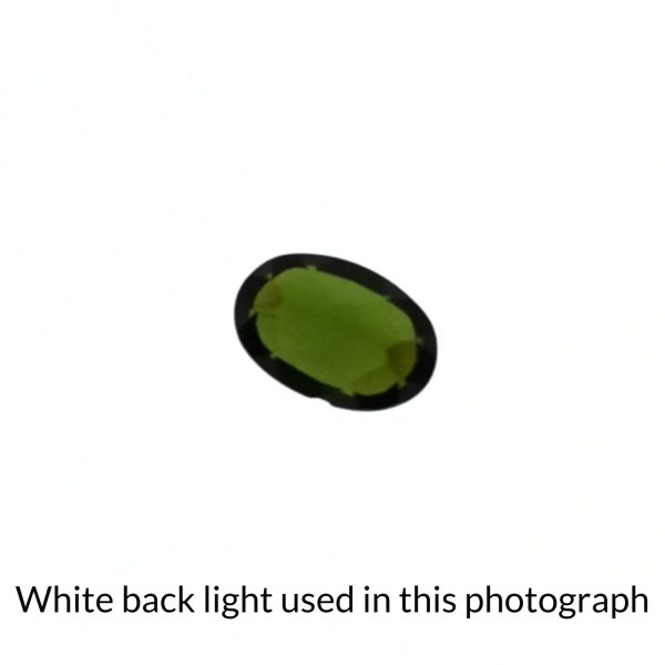 The oval shaped tourmaline gem is being back-lit with a bright white light to show any inclusions within the gem more clearly.
