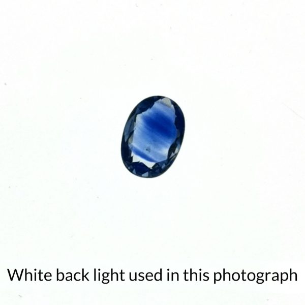 The oval shaped sapphire gem is being back-lit with a bright white light to show any inclusions within the gem more clearly.