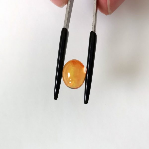 A photo of the crown area of the orange fire opal against a white background