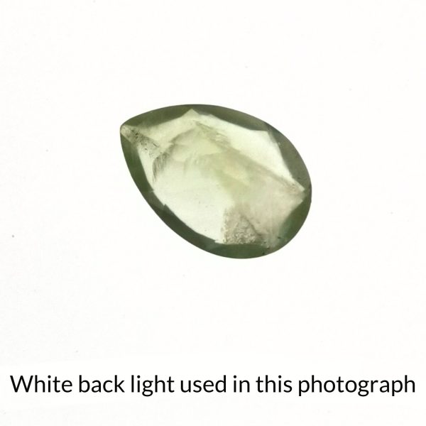 The teardrop shaped prehnite gem is being back-lit with a bright white light to show any inclusions within the gem more clearly.