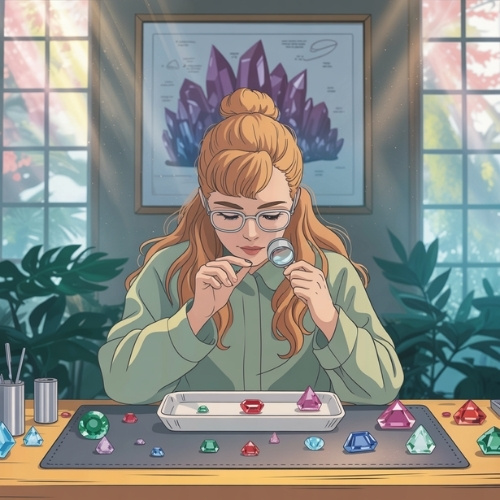 A gemologist with glasses examines gemstones with a magnifier at a table. Sunlight filters through windows, casting a warm glow. A poster of crystals hangs behind.