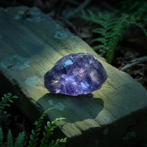 A vivid violet iolite crystal rests on a moss-covered rock, surrounded by lush ferns and dappled sunlight, evoking a mystical, serene atmosphere.