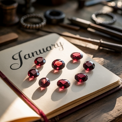 Open journal page with "January" written, displaying eight red garnet gemstones in sunlight. Background has blurred jewelry-making tools, creating a warm, artisanal tone.