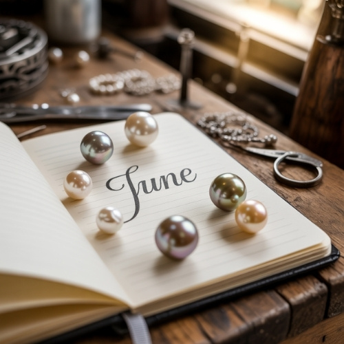 An open notebook on a wooden desk displays the word "June" surrounded by various colored pearls. The scene conveys a vintage, elegant ambiance.