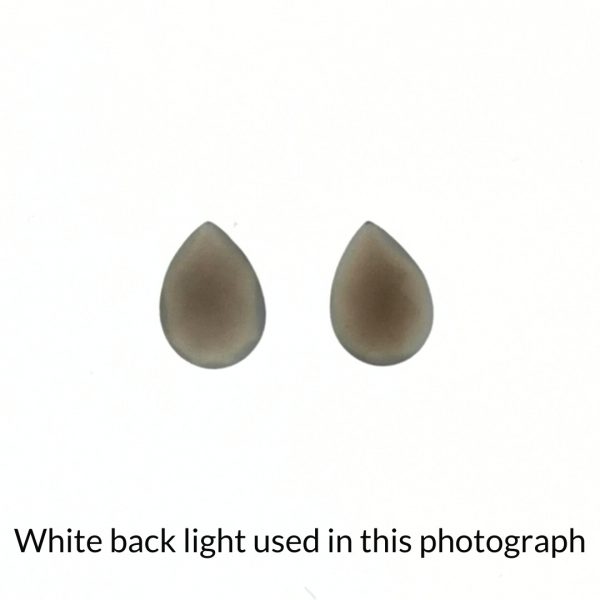 The grey moonstone teardrop gems are being back-lit with a bright white light to show any inclusions within the gems more clearly.