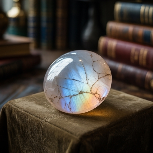 A luminous moonstone with rainbow hues and crack-like veins rests on a soft brown surface, surrounded by vintage books in dim lighting.