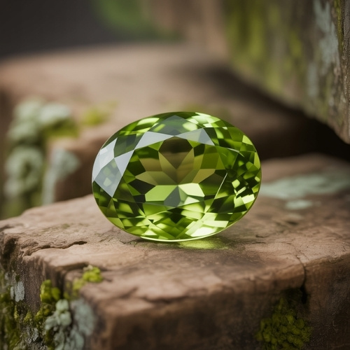 A faceted green peridot gemstone shimmers on a rustic, moss-covered wooden surface, creating a natural and elegant contrast with its vibrant color.