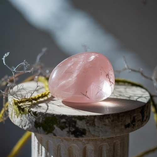 A smooth pink rose quartz stone sits on a textured pedestal, surrounded by delicate twigs. Soft light creates a serene and mystical atmosphere.