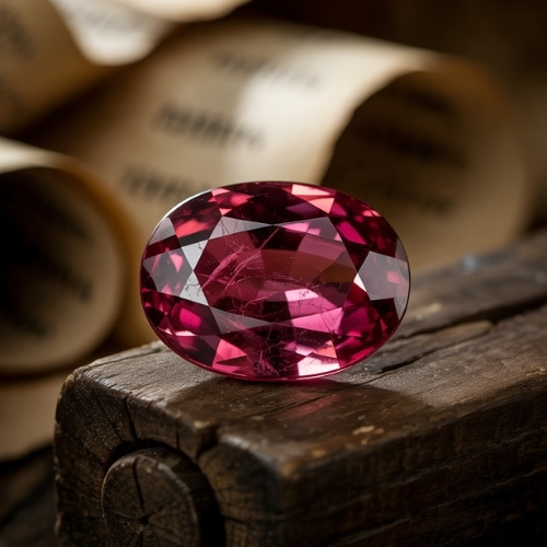 A faceted ruby gemstone rests on a wooden surface, its rich tones enhanced by warm lighting. Rolled papers create a vintage atmosphere.