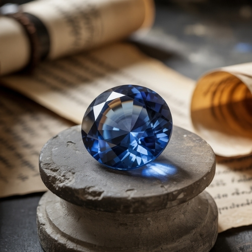 A brilliant blue sapphire gemstone rests on a stone pedestal, surrounded by rolled parchment. The scene conveys elegance and historical intrigue.