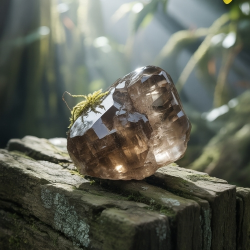 A rough smoky quartz crystal rests atop a mossy, weathered wooden surface. Sunbeams filter through a lush forest canopy, highlighting the crystal's facets. Tranquil and mystical.
