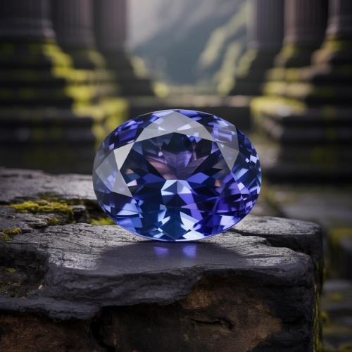 A brilliant oval-cut blue tanzanite gemstone rests on a mossy stone surface with ancient stone columns in the blurred background, evoking a sense of mystery and elegance.