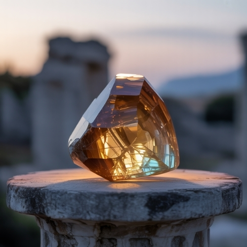 A rough topaz gemstone sits on a weathered pedestal at sunset, casting reflections. It conveys a sense of elegance and calm amidst ancient ruins.