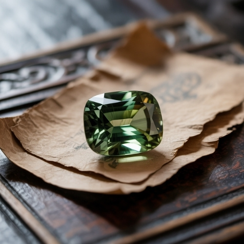 A large, faceted green tourmaline gemstone rests on aged parchment paper, highlighting its lustrous sparkle. The setting is rustic, with an elegant, antique feel.
