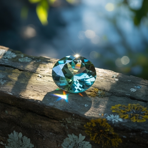 A sparkling blue zircon gemstone on a sunlit, weathered wooden surface with moss and lichens. The light creates a bright, serene, and natural ambiance.