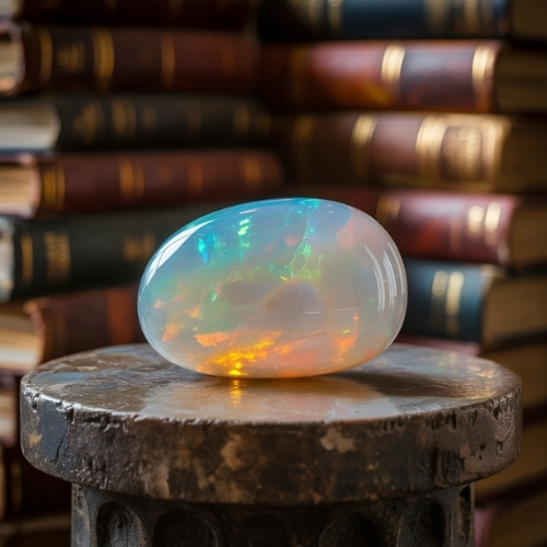 A shimmering opal with vibrant blue and orange hues rests on a rustic pedestal against a backdrop of vintage books, evoking a sense of mystery and elegance.