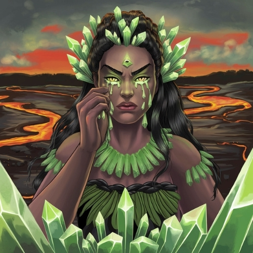A goddess with green crystal adornments is crying peridot tears. She stands before a fiery landscape with flowing lava, conveying a sense of strength and sorrow.