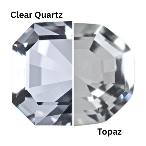 Split image showing two gemstones: Clear Quartz on the left and Topaz on the right, each with faceted cuts. Both are labeled and appear transparent.