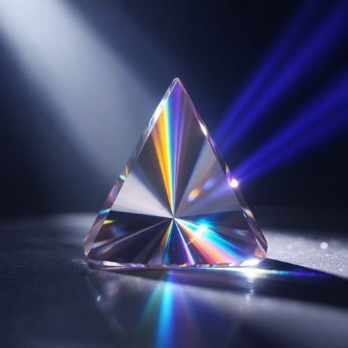 A visual example of selective absorption with a colourless gemstone on a dark surface splits a beam of light into colorful spectral rays within it, and only letting the blue light come back out.