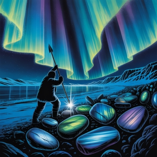 A figure stands on a rocky shore under vibrant, colorful northern lights. The glowing labradorite stones echo the auroras, creating a whimsical, magical atmosphere.