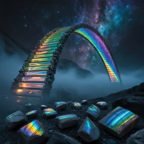 A glowing, rainbow-hued stone bridge arches over misty rocks under a starry, cosmic sky. The scene feels mystical and otherworldly, with dreamlike colors.