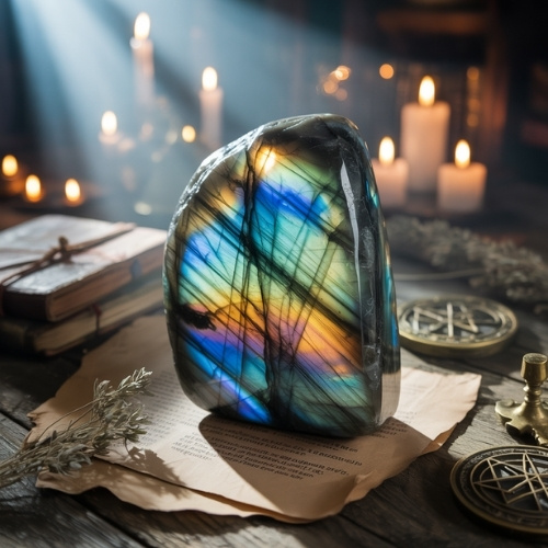 A polished labradorite stone reflects blue and orange hues on a wooden table. Surrounded by old books, parchment, herbs, and lit candles, the scene feels mystical.