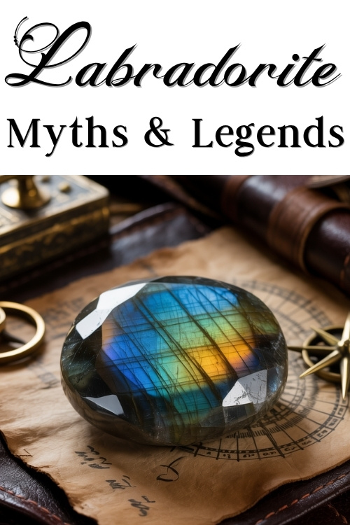 A polished labradorite stone with vibrant blue and yellow colors rests on an old parchment with a compass design. Elegant text above reads "Labradorite Myths & Legends." The atmosphere is mystical and antique.