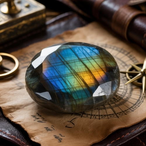 A polished, oval labradorite gemstone with iridescent blue and yellow hues sits on an old map, surrounded by a brass compass and leather-bound journal.