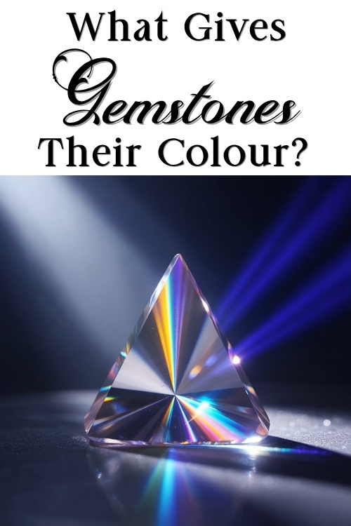 Triangular gemstone refracting light into vibrant colors against a dark background. Text above reads, "What Gives Gemstones Their Colour?"