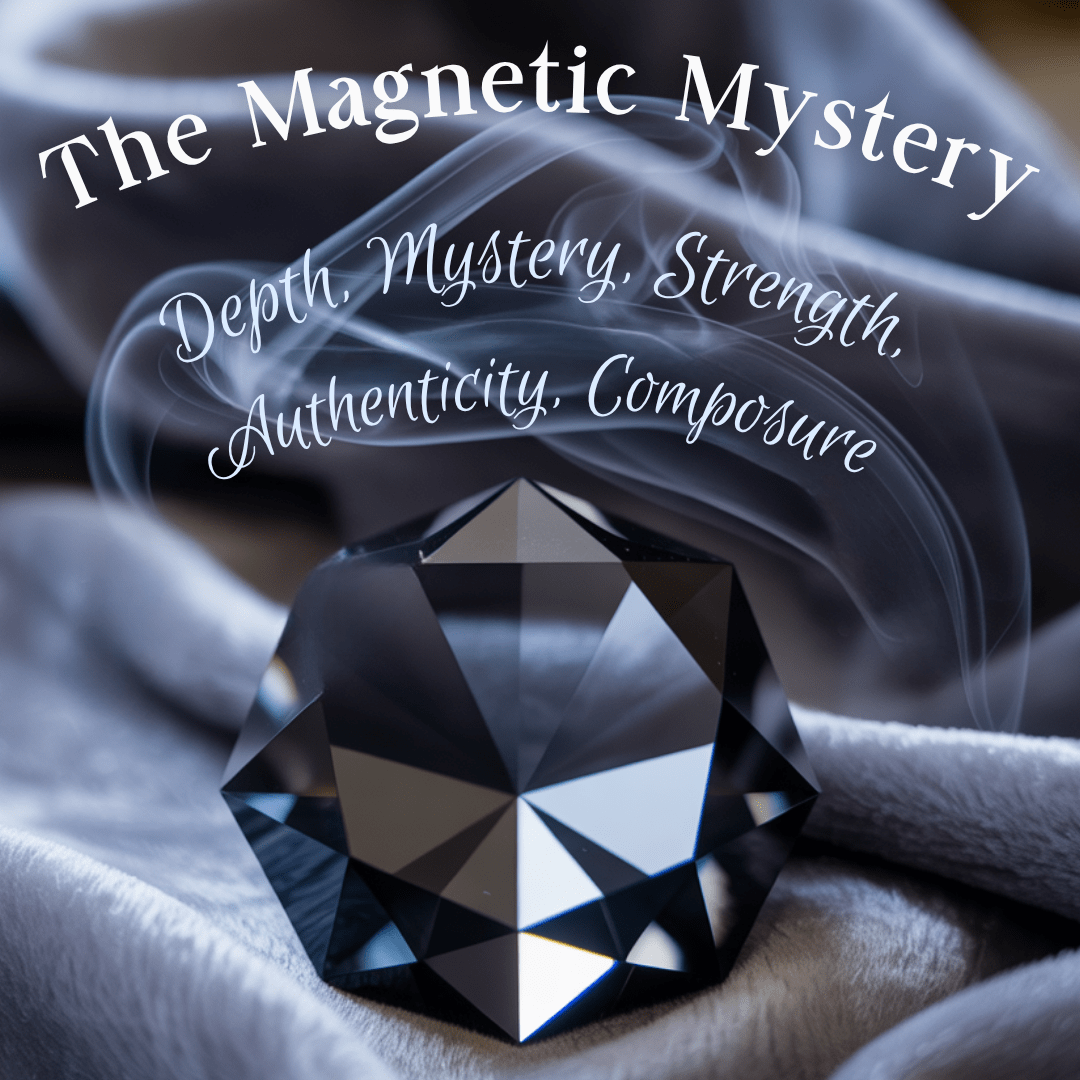 A black gem on dark fabric with swirling accents. Text reads The Magnetic Mystery: Depth, Mystery, Strength, Authenticity, Composure.