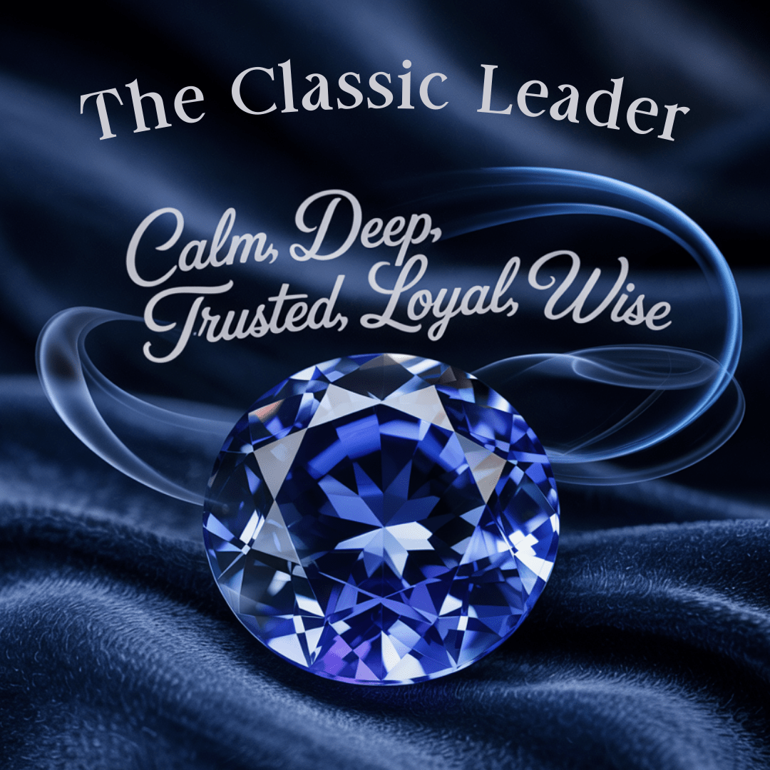A blue gem on dark fabric with swirling accents. Text reads 'The Classic Leader: Calm, Deep, Trusted, Loyal, Wise.'