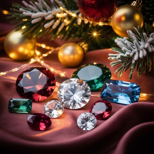 Glistening Christmas gemstones on burgundy fabric beneath a festive Christmas tree with glowing lights and gold ornaments, evoking a sense of elegance and holiday warmth.