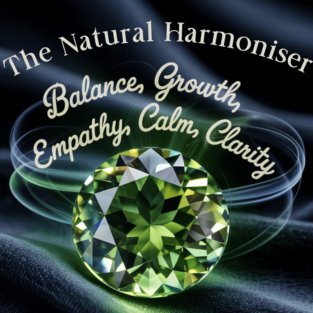 A glowing green gemstone set on dark fabric with swirling light. Text: 