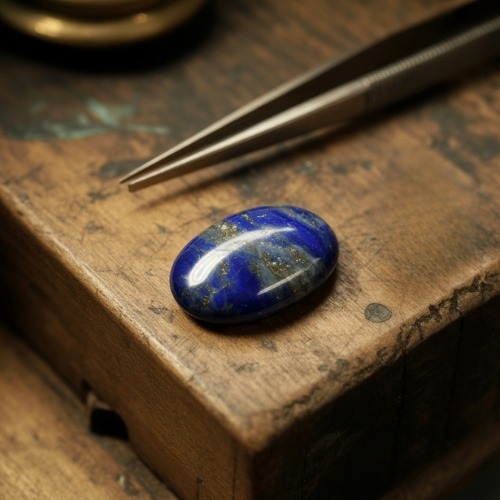 A polished blue lapis lazuli gemstone on a rustic wooden surface, accompanied by metal tweezers, creating a calm and focused artisan atmosphere.