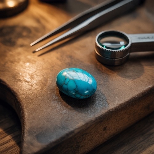 A polished turquoise stone sits on a wooden surface next to a magnifying glass and tweezers, evoking a sense of crafting and precision.
