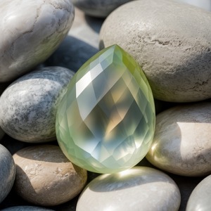 A faceted, teardrop-shaped light green prehnite gemstone rests on smooth gray and beige pebbles, reflecting natural light and conveying tranquility.